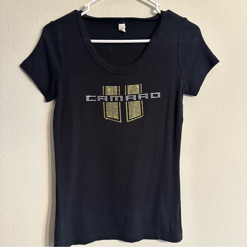 LADIES CAMARO TSHIRT BLACK/YELLOW RHINESTONES RALLY STRIPES MEDIUM